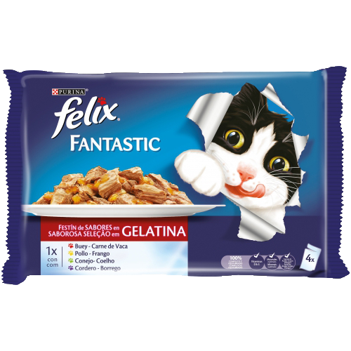 PURINA® FELIX® Fantastic Festín de Carnes en Gelatina pack surtido sobres 4x100g pack