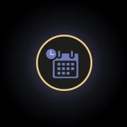 Icono de un calendario azul con un círculo amarillo y un reloj